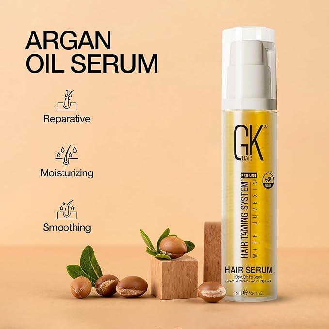 GK HAIR Global Keratin 100% Organic Argan Oil Anti Frizz Mini Serum (0.34 Fl Oz/10ml) Styling Smoothing Strengthening Hydrating & Nourishing Heat Protection Shine Frizz Control Dry Damage Hair Repair