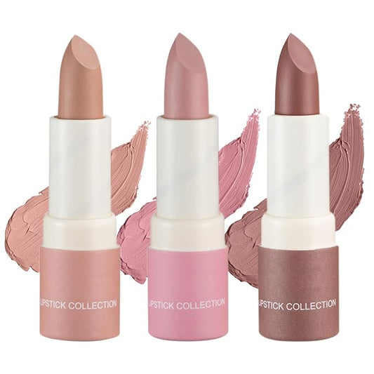 3PCS Matte Nude Lipstick Paper Tube Silky Velvet Lip Gloss Stain Non-Stick Cup, Long Lasting for Women Daily Lip Makeup - Light Pink, Amber