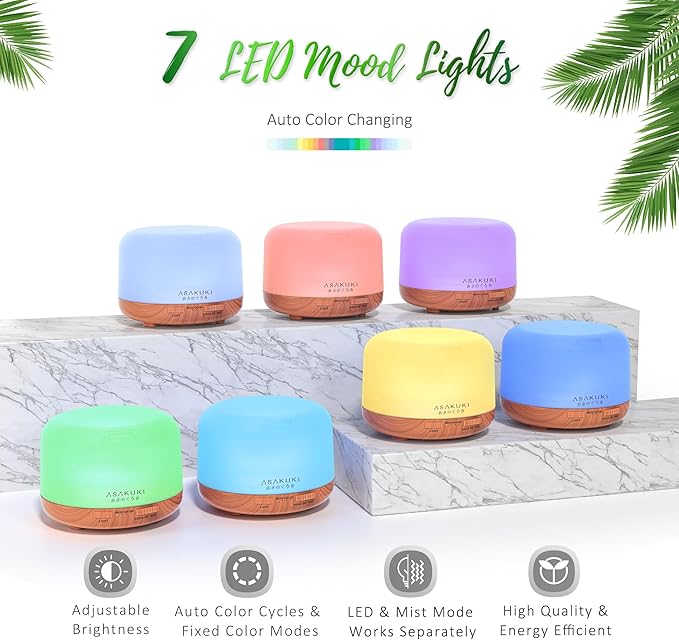 ASAKUKI Oil Diffuser with Essential Oils Set, 500ml Aromatherapy Humidifier with 14 LED Colors & Auto Shut-Off - 6 Oil Gift Pack(Lavender Eucalyptus Tea Tree Orange Peppermint Lemongrass)