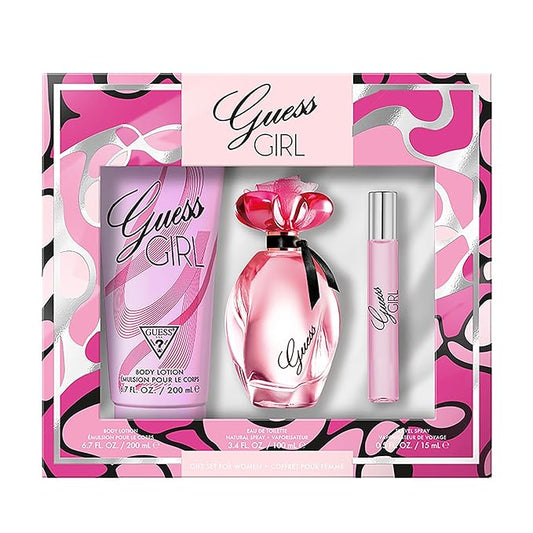 GUESS Girl Eau de Toilette 3 Piece Gift Set - Perfume Spray 3.4 Fl. Oz., Travel Spray 0.5 Fl. Oz., & Body Lotion 6.7 Fl. Oz