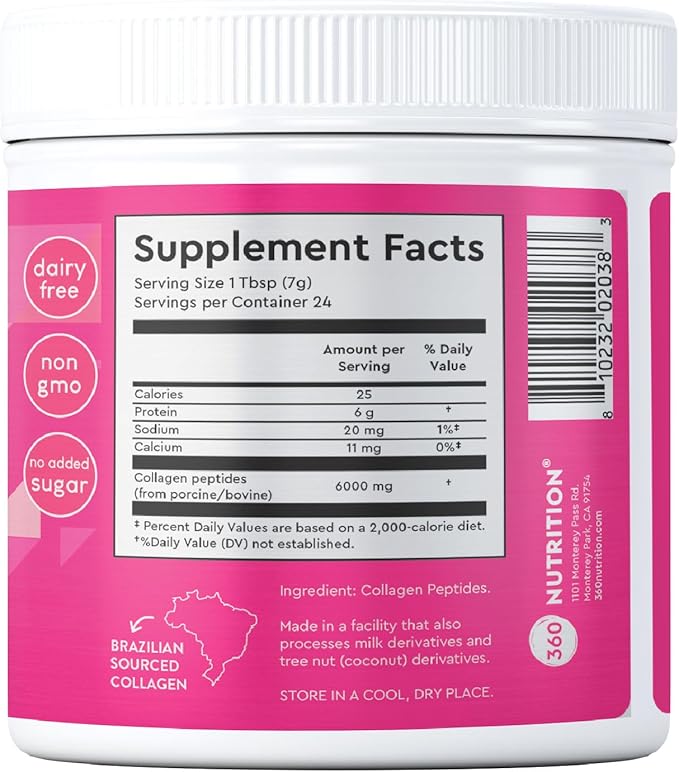 360 Nutrition Collagen Powder for Hair, Skin, Nail, Bone, and Joint Health, Collagen Peptides for Women and Men, Dairy Free, No Added Sugar, Non GMO, Dissolves Easily, Unflavored, 6 Oz, 24 Servings