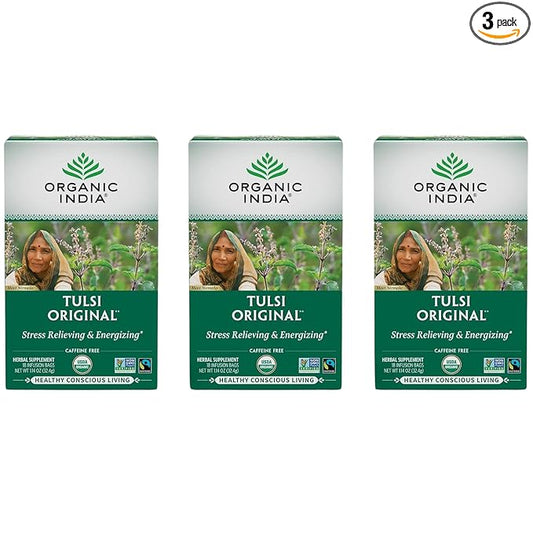 ORGANIC INDIA Tulsi Original Herbal Tea - Holy Basil and African Basil Calming and Stress Relief Tea, Immune Support, USDA Certified Organic, Non-GMO, Caffeine-Free - 18 Infusion Bags, 3 Pack