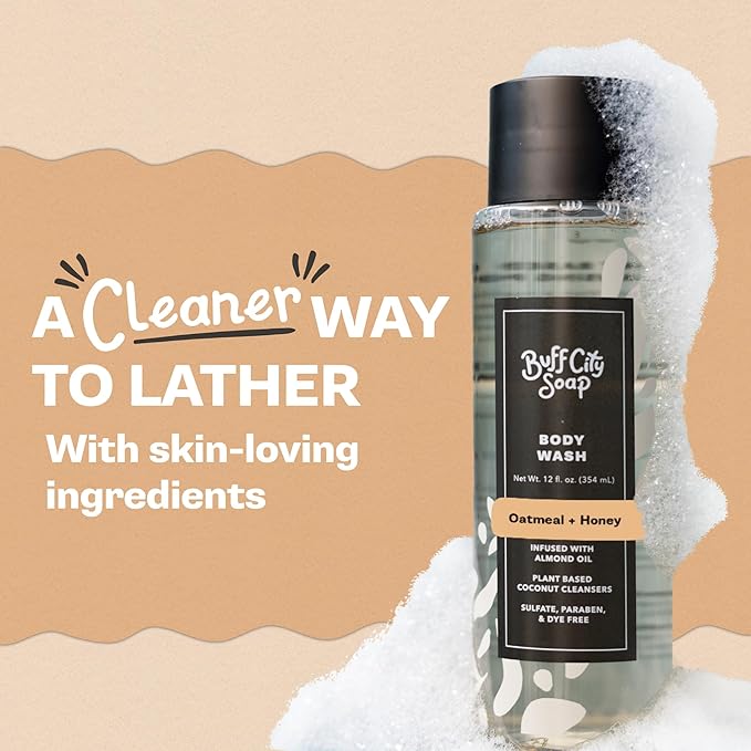 Buff City Soap Plant-Based Body Wash - Coconut Cleansers & Almond Oil Infused, Gentle & Rich Non-Drying Lather, Helps Reduce Moisture Loss & Supports Natural Skin Barrier - Oatmeal & Honey, 12 floz