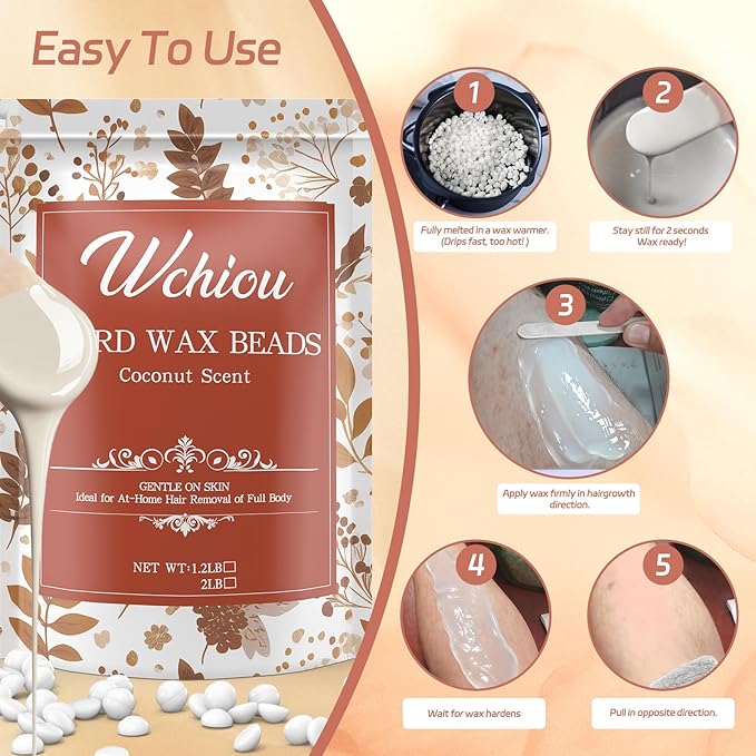 Wax Beads, Hard Wax Beads for Hair Removal, 2lb Waxing Kit for Women, With Coconut formula for Sensitive Skin, For Face Eyebrow Leg Bikini Brazilian Waxing, Coarse Body Hair Specific