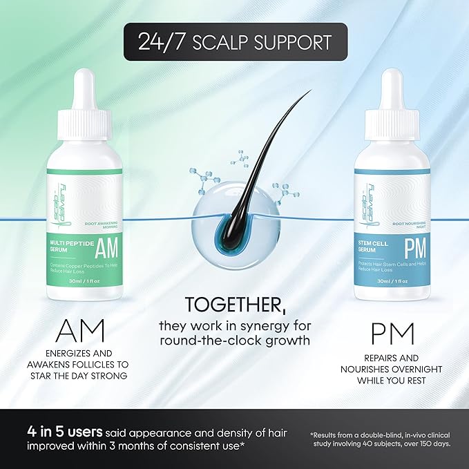 Peptide & Stem Cell Hair Growth Serum, AM & PM Bundle – Formula with Apple Stem Cells for Thicker, Stronger Hair – Stem Cell Scalp Serum for Hair Growth and Nourishment for Men & Women