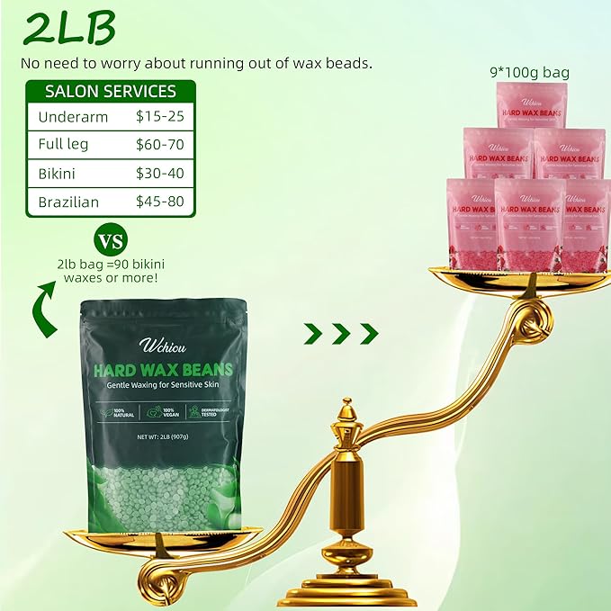 Hair Removal Wax, 2lb Wax Beads for Sensitive Skin, With Pure Aloe Vera, For Face, Eyebrow, Leg, Bikini, Brazilian Waxing, Coarse Body Hair Specific