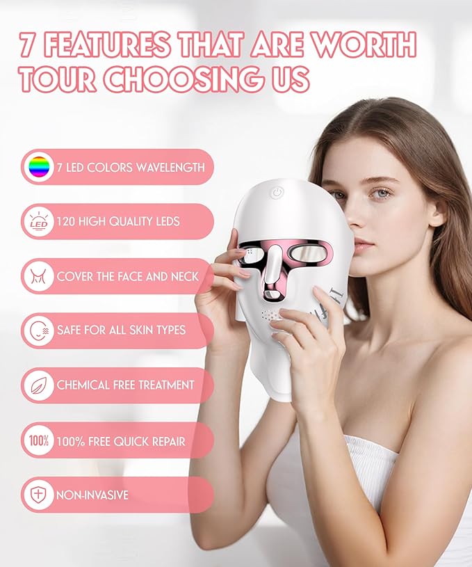 Yahi Red Light Therapy for Face and Neck, Rechargeable and Ergonomic Design for Home & Travel, Cordless Face Mask Light Therapy, White