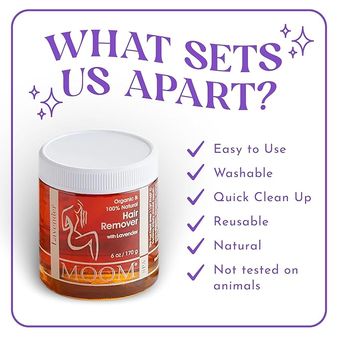 MOOM - Glaze Waxing Kit with Lavender, 6 oz Jar Sugar Wax Kit with 18 Reusable Fabric Strips, Alternative to Wax Strips & Laser Hair Removal for Women/Men, For Whole Body, Bikini & Face