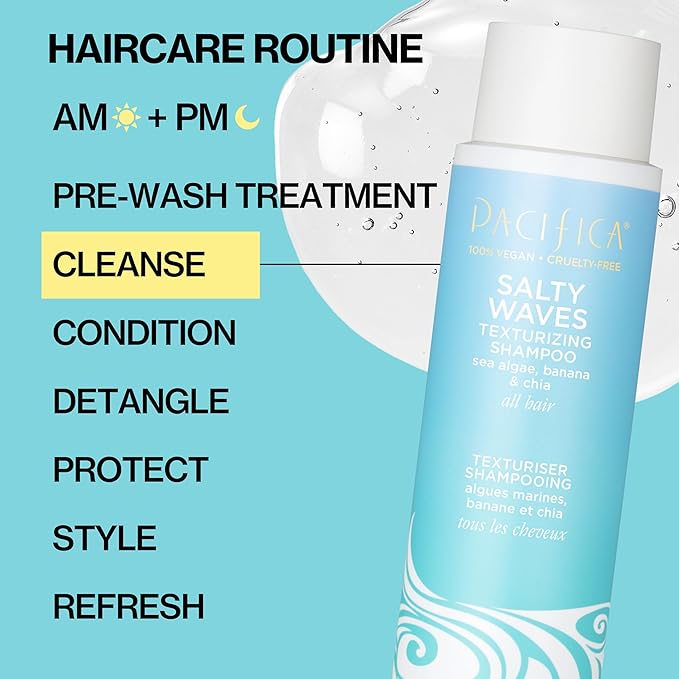 Pacifica Salty Waves Texturizing Shampoo - Beachy Textured, Messy Look, Hair Styles - Moisturizing Hair Care w/ Vitamin B & E - Banana Scent Clean Beauty Vegan & Cruelty-Free Dermatologist Tested