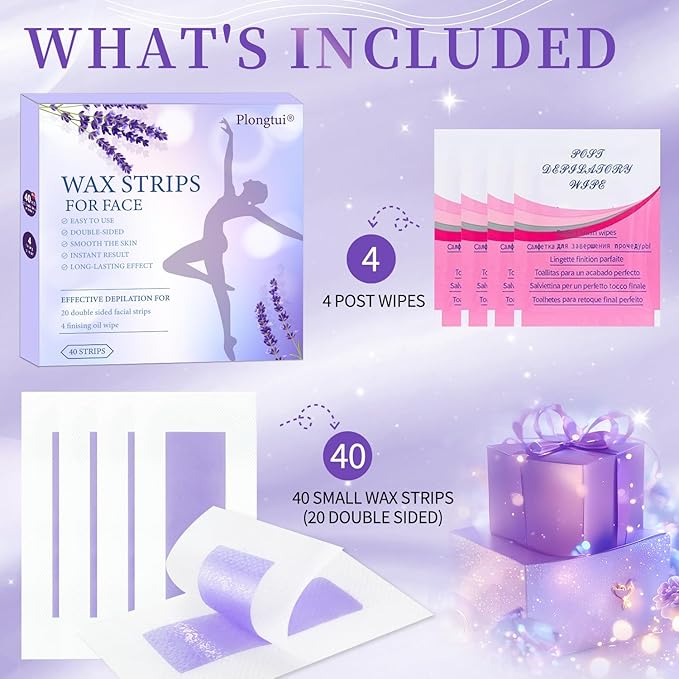 Facial Wax Strips for Hair Removal: Fast Working and Gentle for Face, Eyebrow, Upper Lip, Chin - Waxing Strips Kit for Women - At Home Waxing Kit with 40 Face Wax Strips + 4 Calming Oil Wipes
