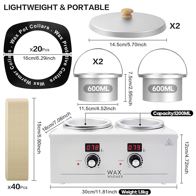 Portable Wax Warmer Machine for Painless Hair Removal, Women Men Professional Wax Heater with Adjustable Temperature Set, 20pcs Sticks (White - Double Pots-Digital)