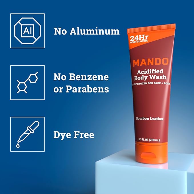 Mando Acidified Body Wash - 24 Hour Odor Control - Removes Odor Better than Soap - Formulated without SLS or Phthalates - Skin Safe - 8.5 Ounce (Pack of 2) - Bourbon Leather and Mt Fuji