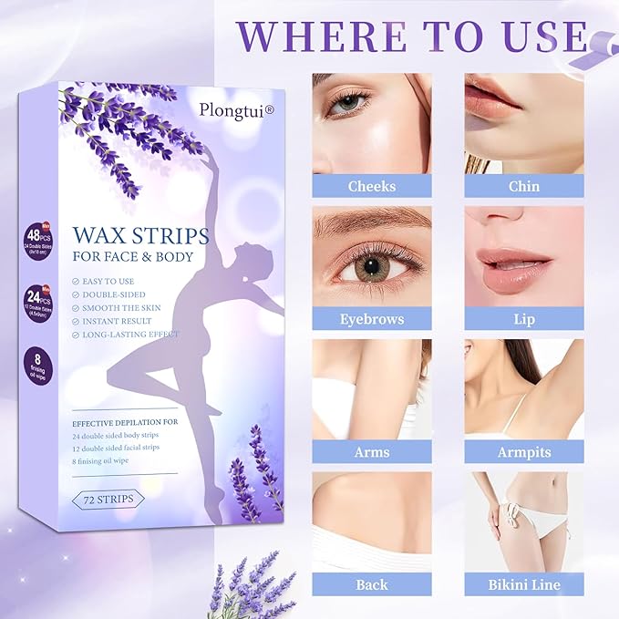 72PCS Wax Strips for Hair Removal, 48 Body & 24 Face Wax Strips with 8 calming Oil Wipes, At Home Waxing Kit for Women & Men - Body, Arms, Legs, Back, Bikini & Brazilian, Hypoallergenic All Skin Types