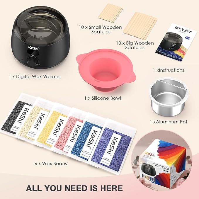 KeShi Waxing Kit for Women and Men, Digital Wax Warmer with 6 Bags Hard Wax Beads, at-Home Hair Removal Wax Kit for Full Body, Face, Eyebrow, Bikini, Legs, Brazilian & Sensitive Skin(Graphite)