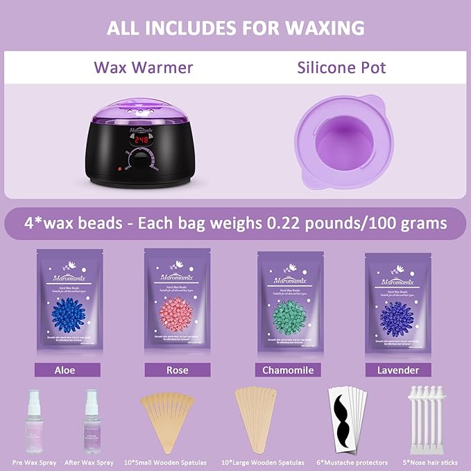 Waxing Kit -Digital Wax Warmer Machine for Hair Removal with 4 Packs of Hard Wax Beads & Silicone Pot for Full Body, Legs, Face, Eyebrows, Bikini, Brazilian at Home Waxing Kit for Women Men