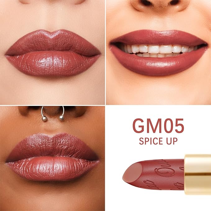 Oulac Matte Terracotta Lipstick with Glow Metallic Finish - Vegan Lipstick for Women, Creamy Texture, Hydrating Clean Beauty Formula, High-End Magnetic Hook Design, GM05 Spice up