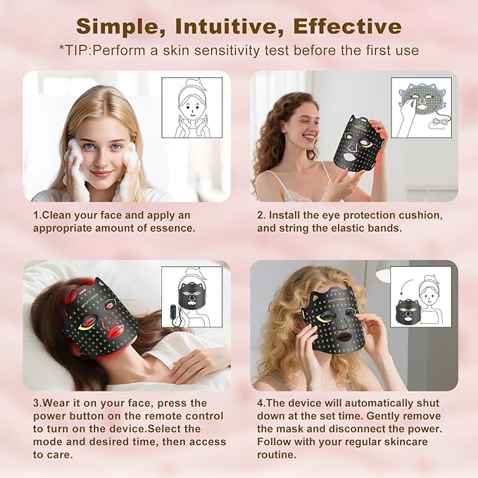 Red Light Therapy for Face, Portable Led Face Mask Light Therapy with Rechargeable Remote, 7 Light Mode with 850nm NIR, Red Light Therapy at Home (Black)