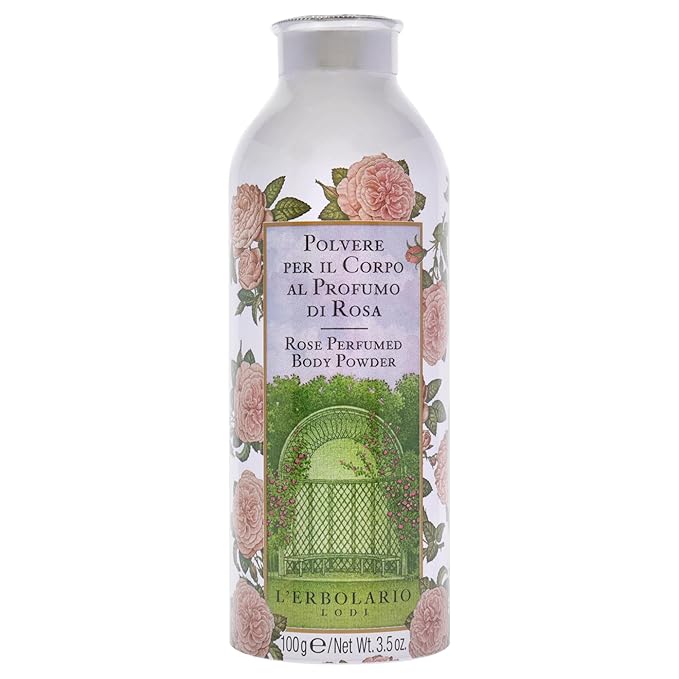 L'Erbolario Rose Perfumed Body Powder - Naturally Enticing Floral Scent with Rose, Jasmine, and White Musk - No Silicones, Parabens Or Petrolatum - Perfectly Refreshing for All Skin Types - 3.5 Oz