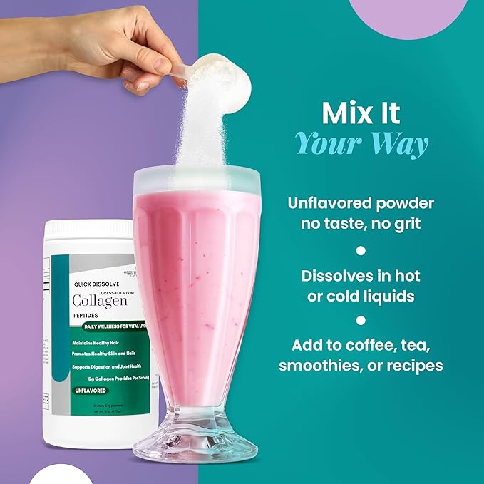 Organic Excellence Collagen Peptides, Grass-Fed Bovine Unflavored Collagen Powder Type I & III Hydrolyzed Collagen, Support Skin, Joints, Gut, Hair, Nails, Non-GMO, 12g Protein/Serving, 16 oz (453g)