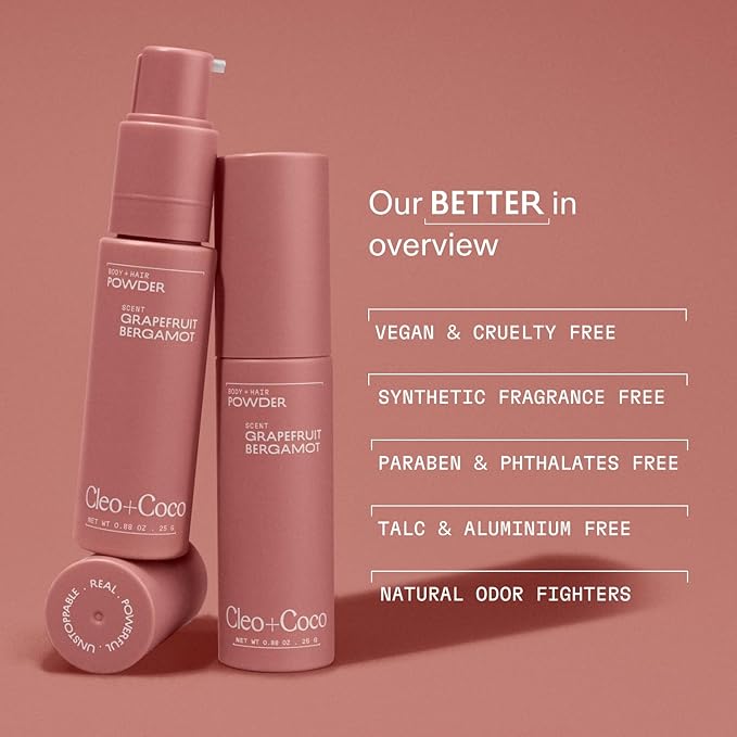 Cleo + Coco. Deodorant Powder for Body and Hair, Grapefruit Bergamot (0.88 oz), 2-in-1 Deo Powder & Dry Shampoo for Women & Men, Aluminum Free Deodorant, Talc-Free, Anti Chafe Protector, Travel-Size