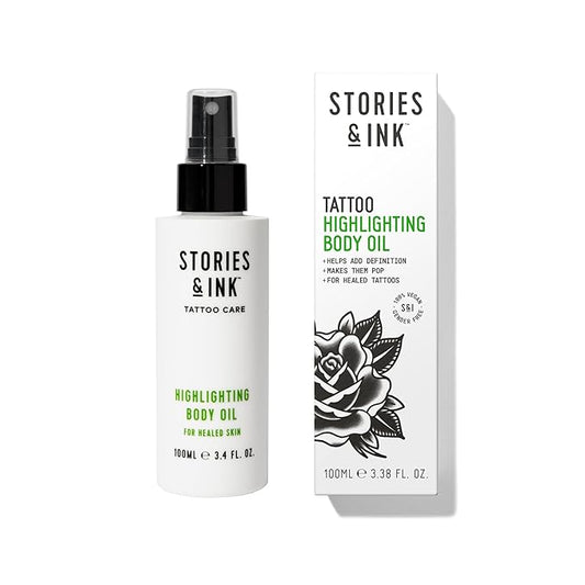 Stories & Ink Tattoo Care | HIGHLIGHTING BODY OIL for healed skin - Refreshes Faded Tattoos for Instant Tattoo Glow, 100 mL / 3.4 Fl Oz