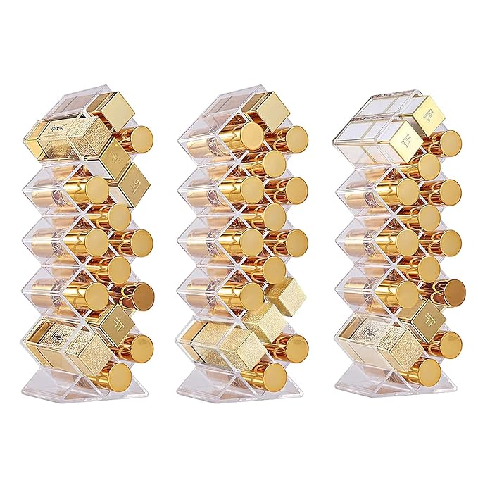 Lipstick Holder Organizer 48 Spaces Acrylic Stackable Fish Shape Lipstick Tower, Lip Gloss Storage Stand, Perfect for Lipgloss Organizers Makeup Vanity Display, Clear (3 Pack)