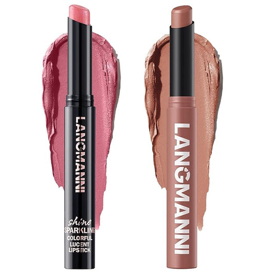 Jolilab 2Pcs Glitter Lip Kit - Velvet Matte & Nude Matte Lipstick + Glitter Lip Gloss/Glitter Lipstick High Pigmented Long-Lasting Waterproof Beauty Cosmetics Gift for Women Girls(#01+02)