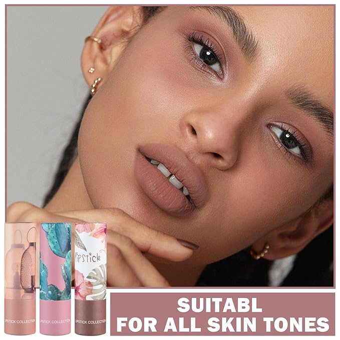 3PCS Matte Nude Lipstick Paper Tube Silky Velvet Lip Gloss Stain Non-Stick Cup, Long Lasting for Women Daily Lip Makeup - Light Pink, Amber