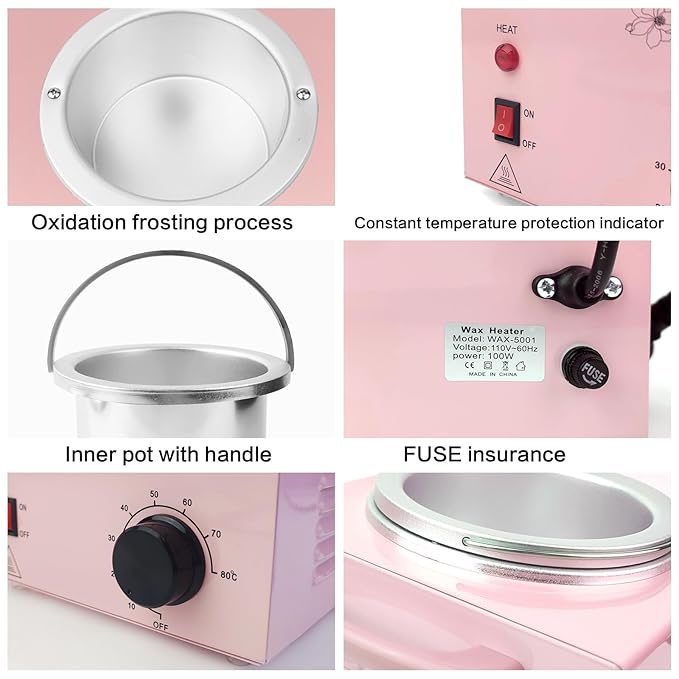 Portable Wax Warmer Machine for Painless Hair Removal, Women Men Professional Wax Heater with Adjustable Temperature Set, 20pcs Sticks (Pink - Single Pot)