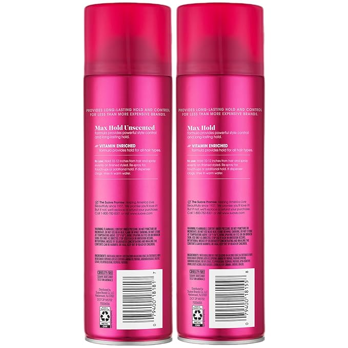 Suave+ Hairspray Max Hold Variety 2-Pack, Unscented & Scented Formulas – Aerosol Hairspray, 11 Oz Ea