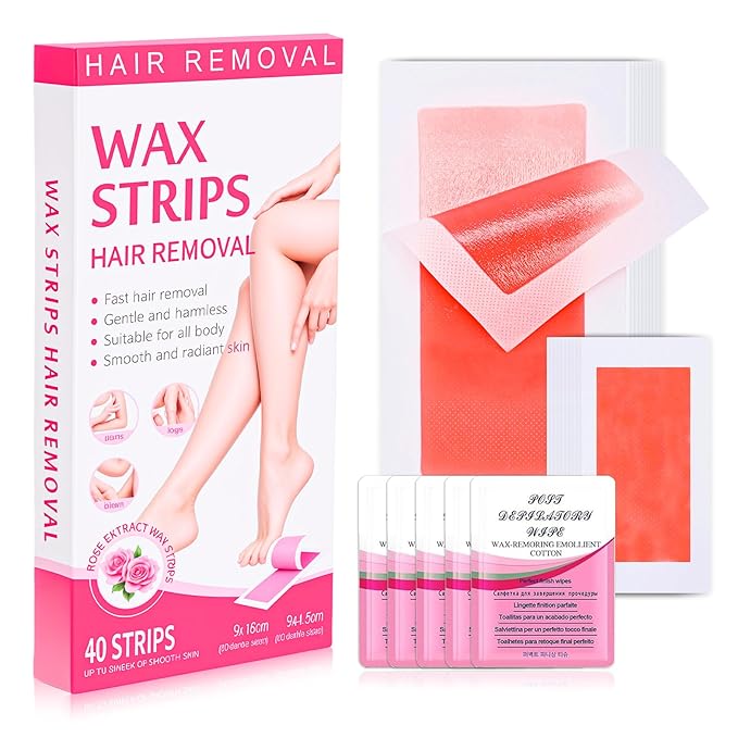 Wax Strips for Hair Removal - 40 Count (20 Body + 20 Face Strips) with 5 Soothing Oil Wipes, Waxing Kit for Women, At-Home Waxing Kit for Women & Men - Legs, Bikini, Underarms, Face, Hypoallergenic