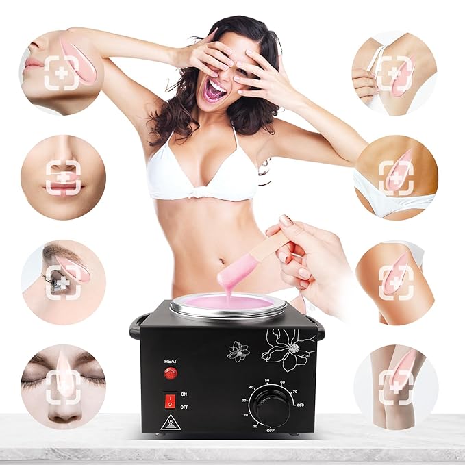 Portable Wax Warmer Machine for Painless Hair Removal, Women Men Professional Wax Heater with Adjustable Temperature Set, 20pcs Sticks, 1 Silicone Bowl (Black- Single Pot)
