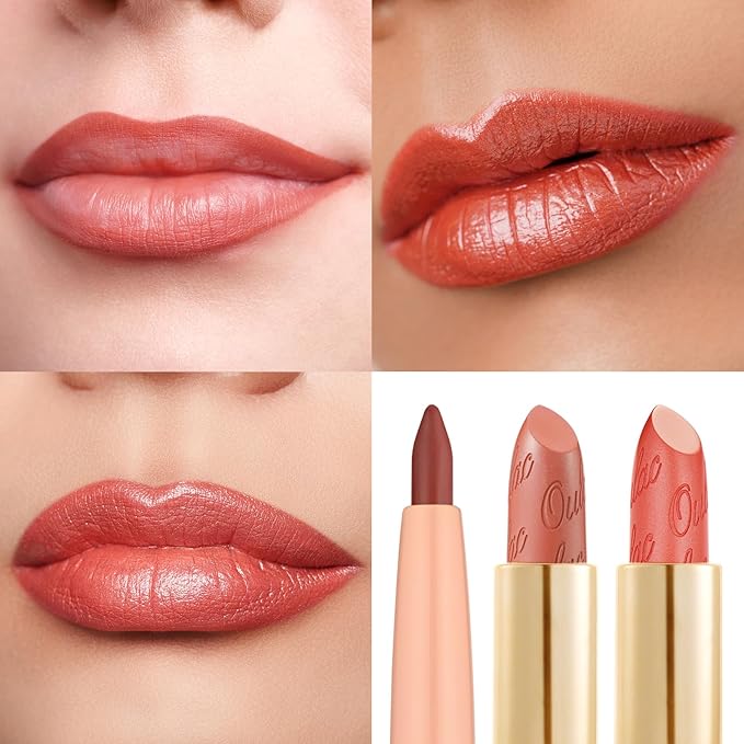 Oulac Lipstick & Lipliner Set 3PCS High Impact Lipcolor with Moisturizing Formula, Vegan Beauty, Full-Coverage Lip Color, Gift Lipstick for Women, LL05+05+GM12