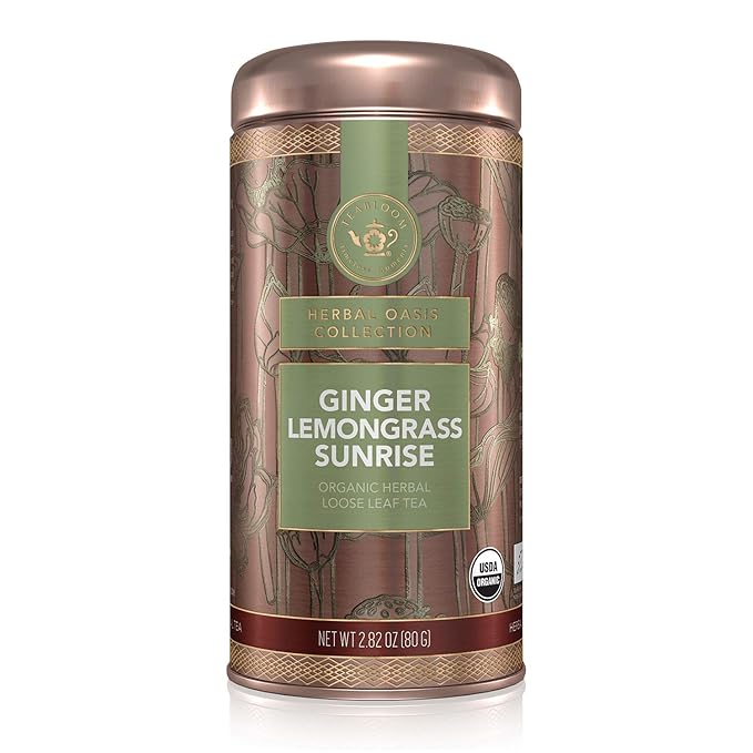 Teabloom Organic Herbal Tea, Ginger Lemongrass Sunrise Loose Leaf Tea, Sweet and Soothing, USDA and EU Certified Organic, Fresh Whole Leaf Blend in Reusable Gift Canister, 2.82 oz/80 g Canister Makes 35-50 Cups