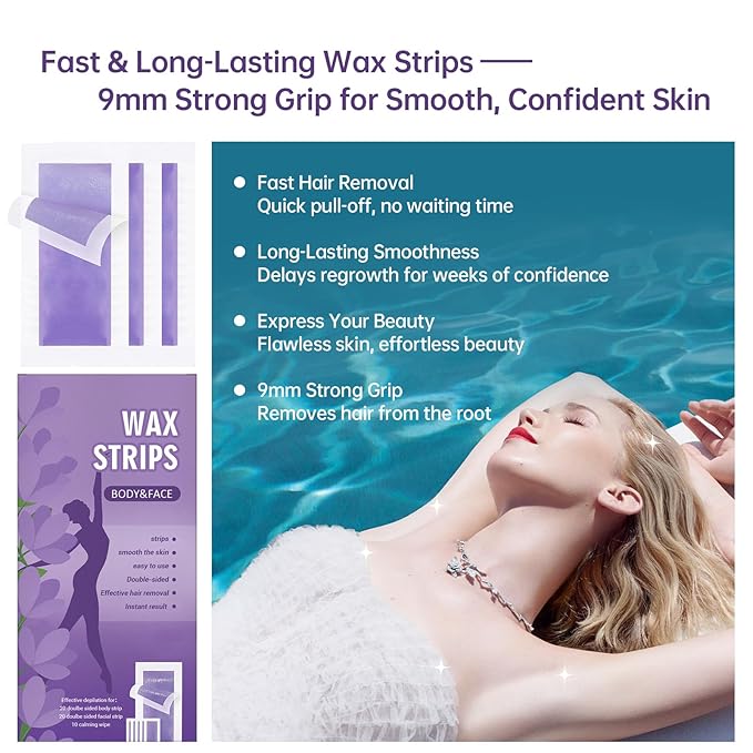 Wax Strips for Hair Removal – 50Count with Soothing Wipes – No Heat Waxing Kit for Women & Men, Face & Body, Bikini, Legs, Underarms – Travel-Friendly & Gentle on Skin