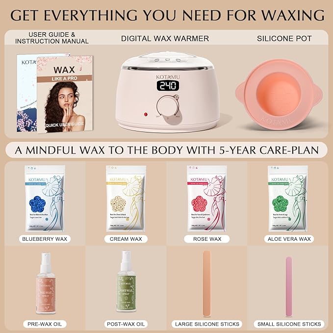 KOTAMU Waxing Kit for Women & Men, Wax Warmer for Hair Removal, Digital Wax Kit with Silicone Pot，Ideal for Face Eyebrow Arm Legs Armpit &Sensitive Skin, Pink Waxing Machine for Home Salon Use