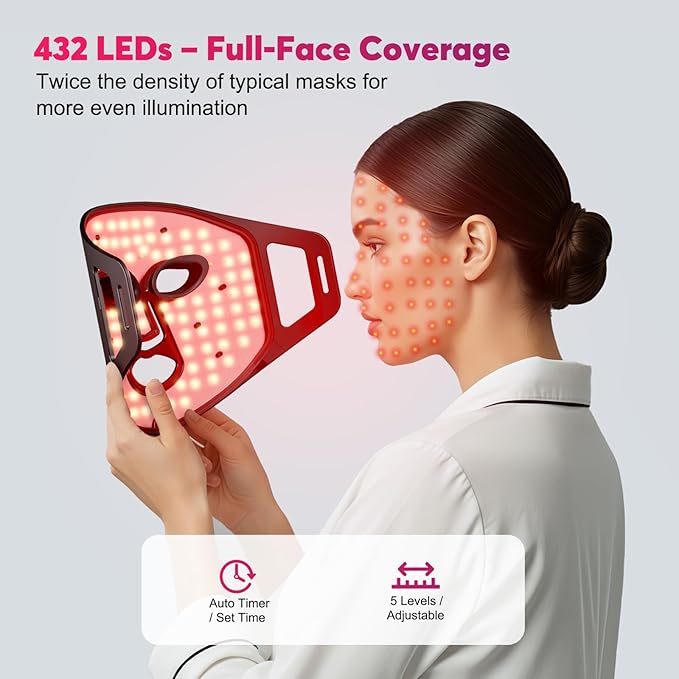 Red Light Therapy Face Mask – 7 Modes with Infrared, 432 LEDs, 5 Intensity Levels, Timer Control, Comfortable Silicone Light Mask for Home Skincare Routine