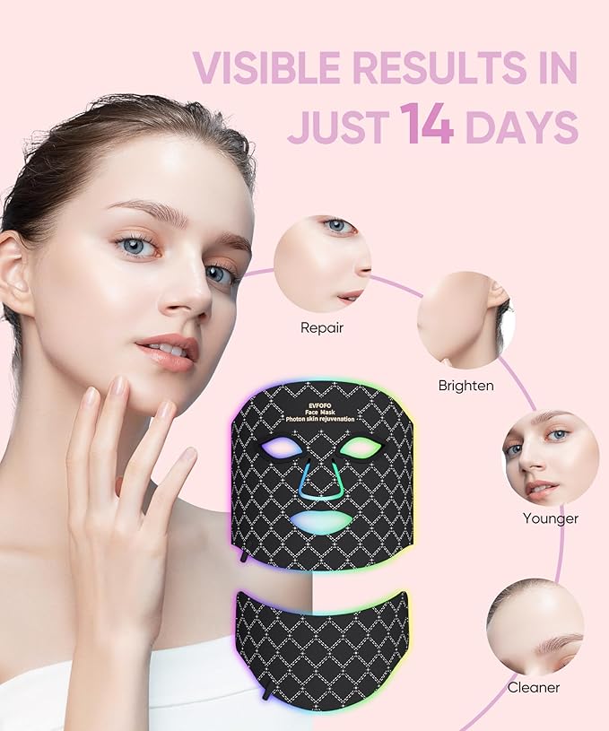 Red Light Photon Facial & Neck Mask with Remote Control, 7 Custom Modes with Infrared, Portable & Rechargeable with Timer for Home Use, 850nm Infrared & Red Light Masks, Black