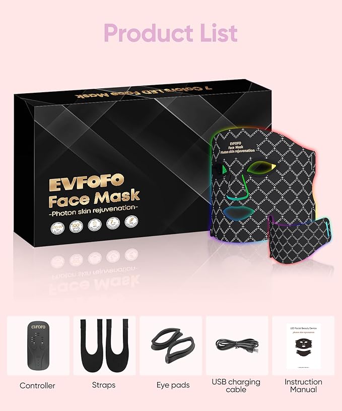 Red Light Photon Facial & Neck Mask with Remote Control, 7 Custom Modes with Infrared, Portable & Rechargeable with Timer for Home Use, 850nm Infrared & Red Light Masks, Black