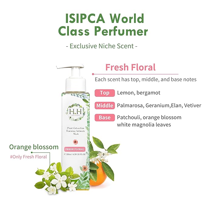 HH Herb & Health Feminine Wash for Women, pH3.6 Lactobacillus Cleanser with Botanical Extracts, Hydrating & Cooling Intimate Care for Odor Dryness and Itch, Sensitive Skin Safe, Fresh Floral Scent