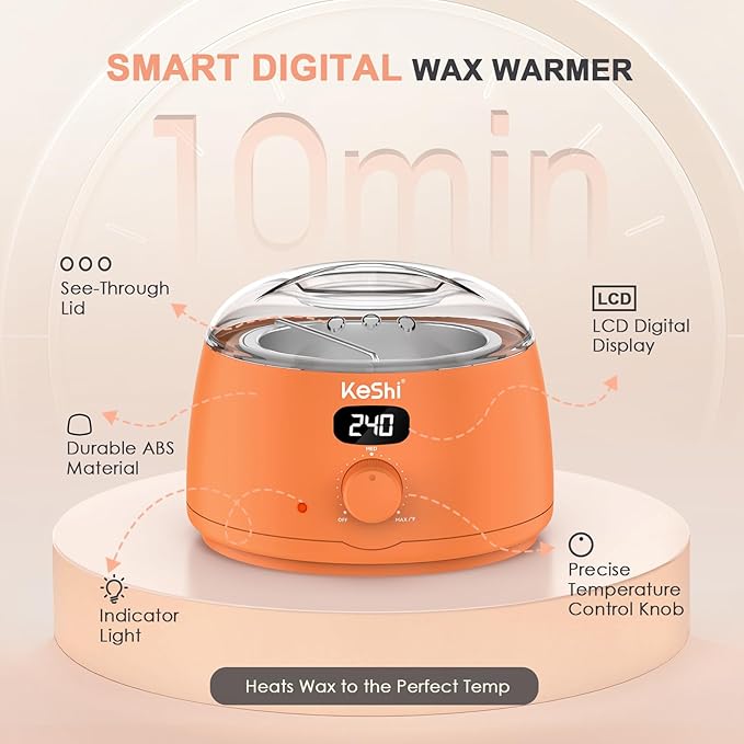 KeShi Waxing Kit for Women and Men, Digital Wax Warmer with 6 Bags Hard Wax Beads, at-Home Hair Removal Wax Kit for Full Body, Face, Eyebrow, Bikini, Legs, Brazilian & Sensitive Skin(Vital Orange)