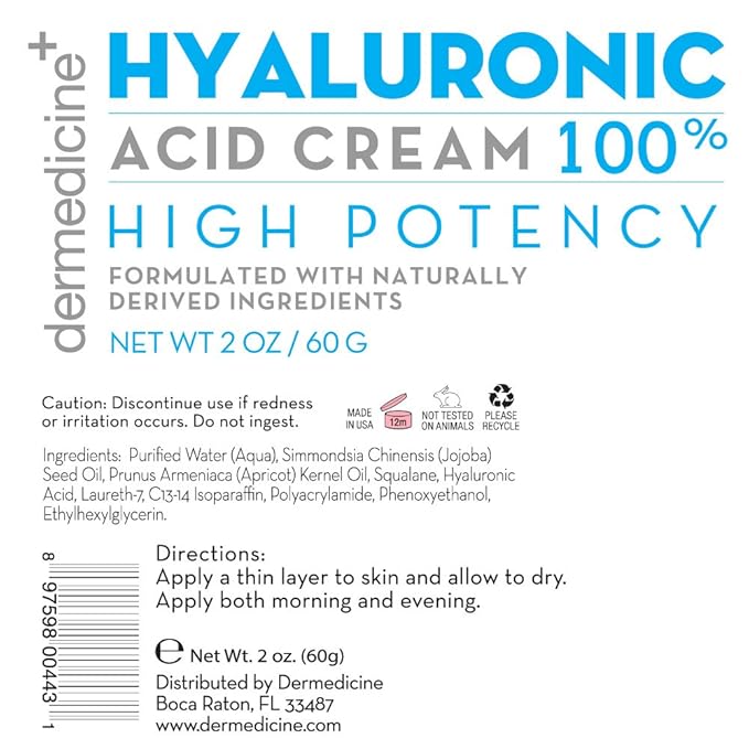 Dermedicine 100% Hyaluronic Acid Cream Face w/Jojoba Oil & Apricot Oil Professional Grade Intense Hydration Keeps Skin Looking Plump & Feeling Moisturized Skin Color & Tone