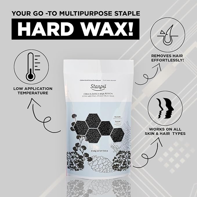 Starpil Wax 500g / 1.1 lb Bag Black Hard Wax Beads for Hair Removal, Stripless Wax Polymer Blend, Low Temperature Film Wax Beans for Face, Body, Bikini, Brazilian, Legs, Underarm, Back, Chest.