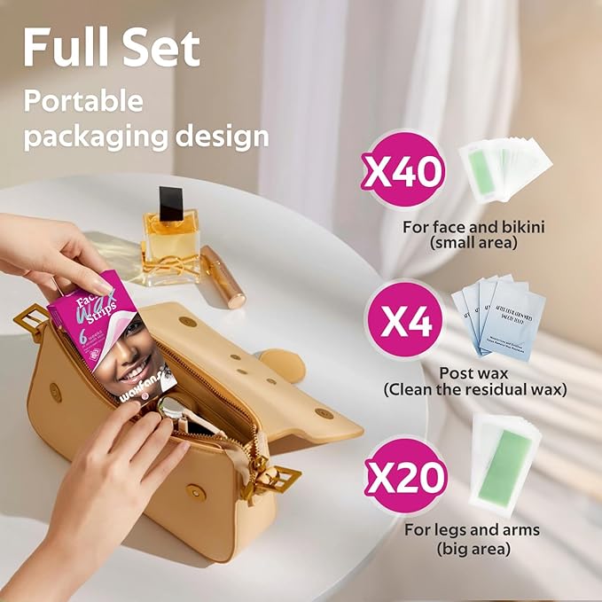 Waxfans Face Wax Strips for Hair Removal - Facial, Eyebrow，Lip & Body Wax Strips for Women | No Heating Required, Travel-Size 60 Pcs with Cleansing Wipes | 4-6 Weeks Smooth Skin