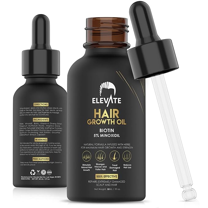 Elevate Hair Regrowth Treatment 5% Minoxidil Solution - Biotin Serum Hair Growth Oil for Men & Women - Thicker Fuller Stronger Hair - Stops Hair Loss & Thinning - Natural Hair Thickening Treatment 1oz