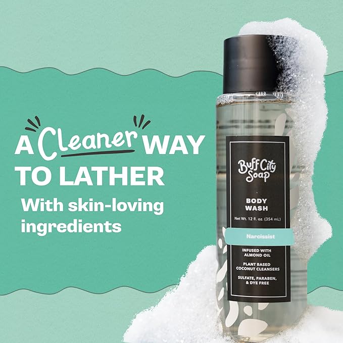 Buff City Soap Plant-Based Body Wash - Coconut Cleansers & Almond Oil Infused. Gentle & Rich Non-Drying Lather. Helps Reduce Moisture Loss & Supports Natural Skin Barrier - Narcissist, 12 floz
