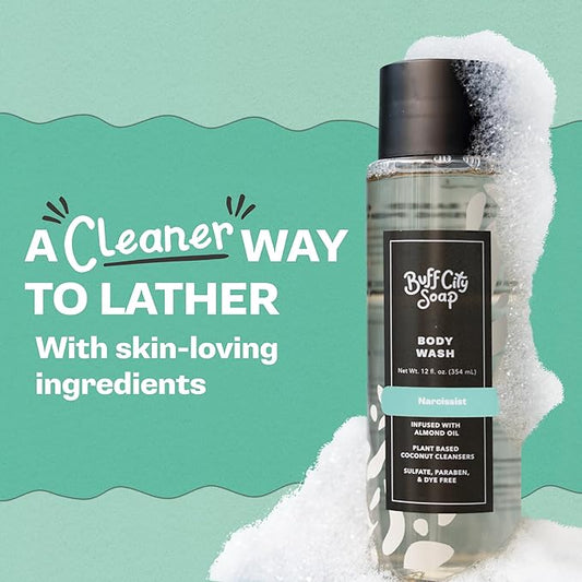 Buff City Soap Plant-Based Body Wash - Coconut Cleansers & Almond Oil Infused. Gentle & Rich Non-Drying Lather. Helps Reduce Moisture Loss & Supports Natural Skin Barrier - Narcissist, 12 floz