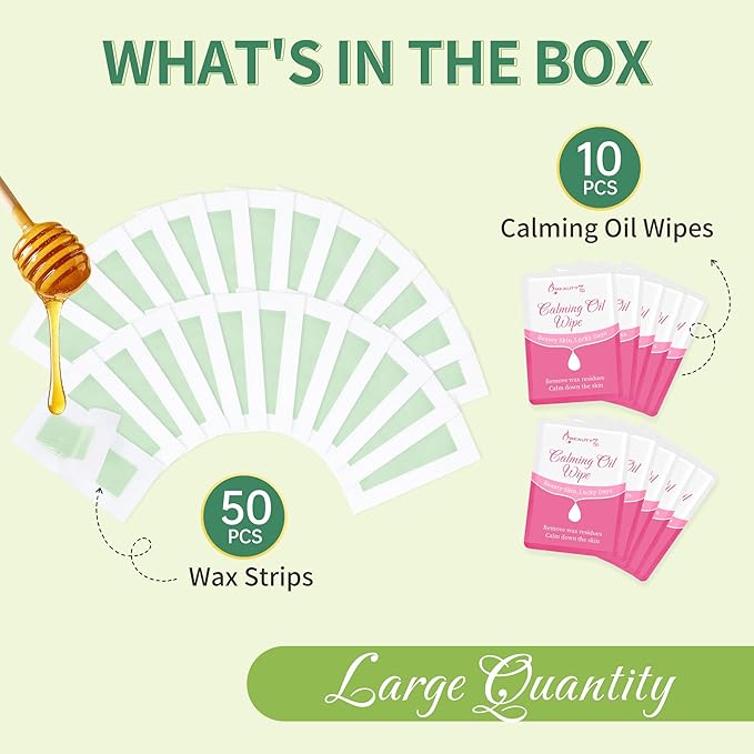 Beauty7 Facial Wax Strips-Eyebrow Wax Strips-50 Waxing Strips for Face, Lip,10 Calming Oil Wipes, Ready Use At Home Waxing Kit for All Skin Types
