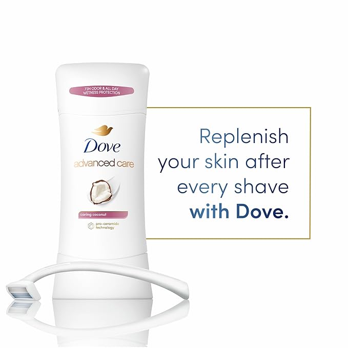 Dove Advanced Care Antiperspirant Deodorant Stick Caring Coconut 4 ct for helping your skin barrier repair after shaving 72-hour odor control and sweat protection with Pro-Ceramide Technology 2.6 oz