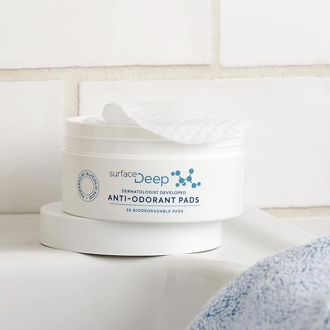 Surface Deep Anti-Odorant Pads – Deodorant Odor Prevention & Skin Care in One | 50 Pads in Jar | Dermatologist-Developed | Glycolic Acid Exfoliation | Aluminum-Free, Vegan & Cruelty-Free